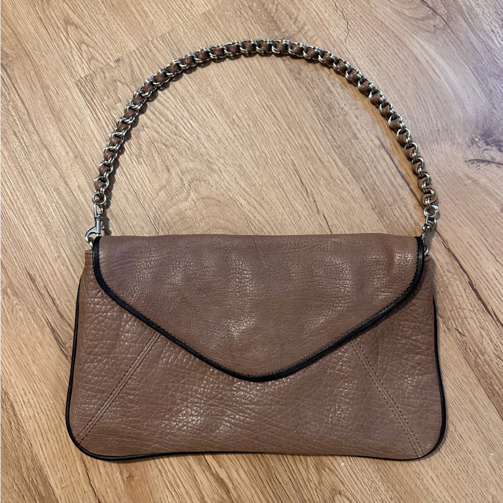 Dark Tan Leather Clutch Bag with Black Trim